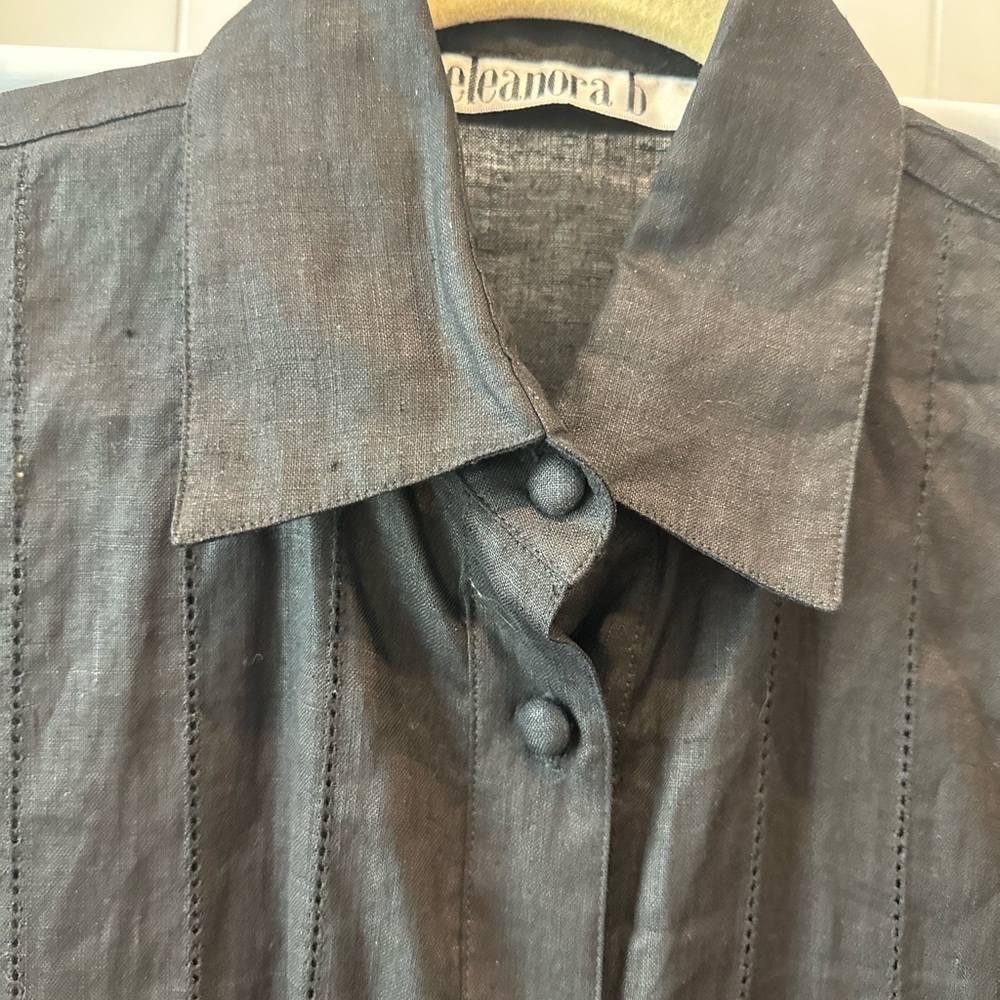 Vintage Black Linen Button-Up Shirt with Sheer Organza Sleeve
